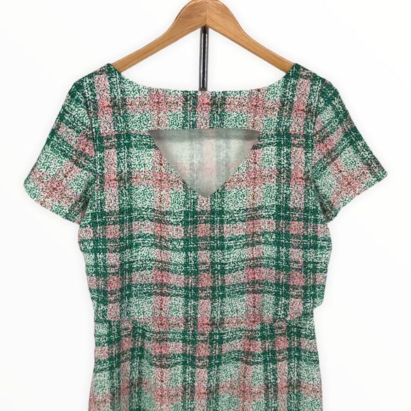 Cooper & Ella Pink Green Plaid Print Back Cutout Short Sleeve Dress size Small - Picture 6 of 12
